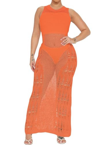 Bsubseach Bathing Suit Cover Up for Women Sexy Hollow Out Crochet Cover Up Sheer Dress Swimsuit Cover Up Orange | Amazon (US)