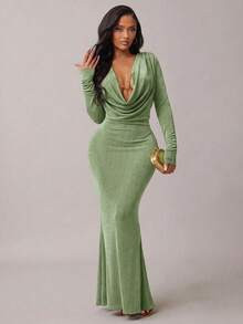 Radiana Women's Elegant Sage Green Draped Neck Long Sleeve Fishtail Dress,Autumn Dining Party Ban... | SHEIN