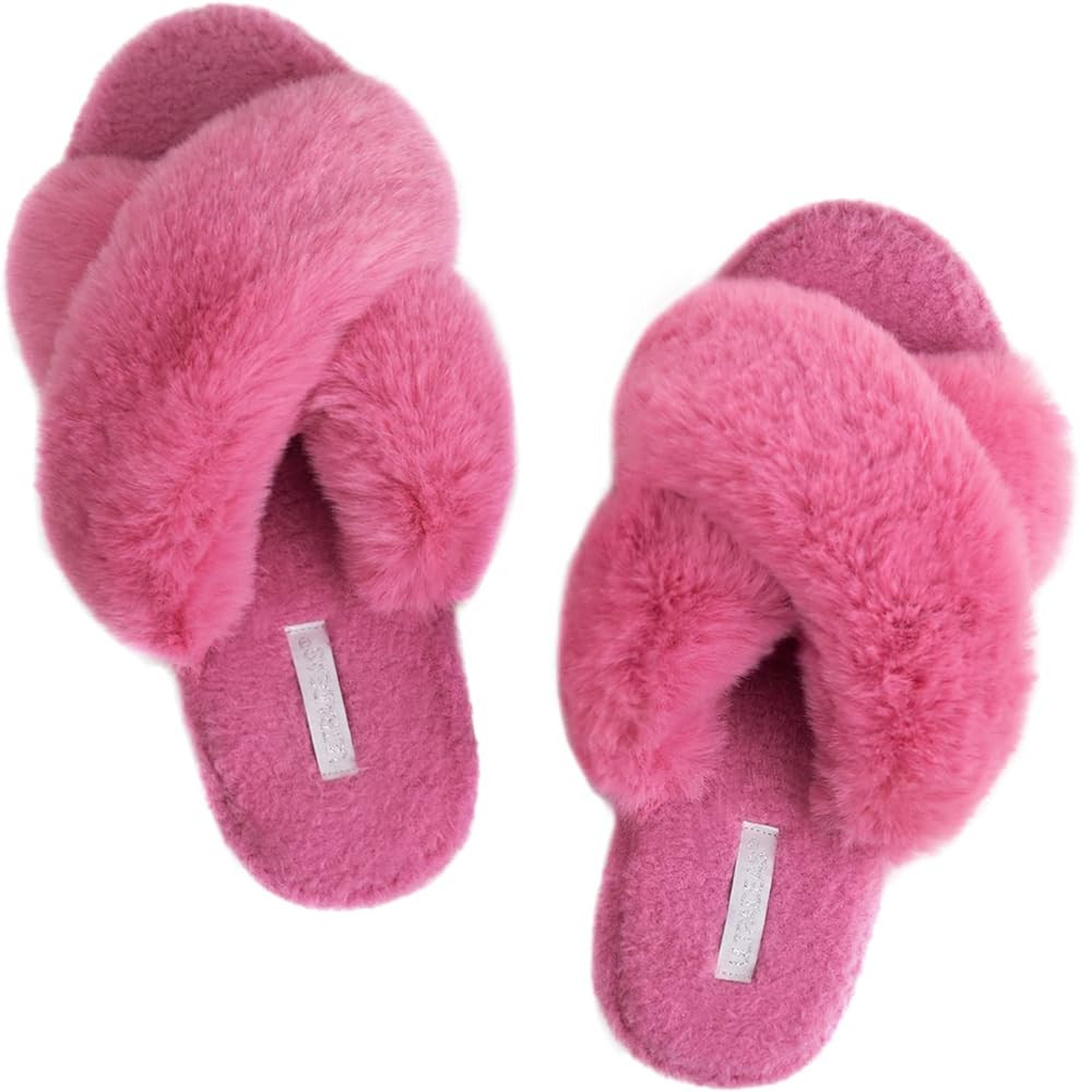ULTRAIDEAS Women's Fuzzy Cross Band House Slippers with Cozy Faux Fur, Ladies Open Toe Indoor Out... | Amazon (US)