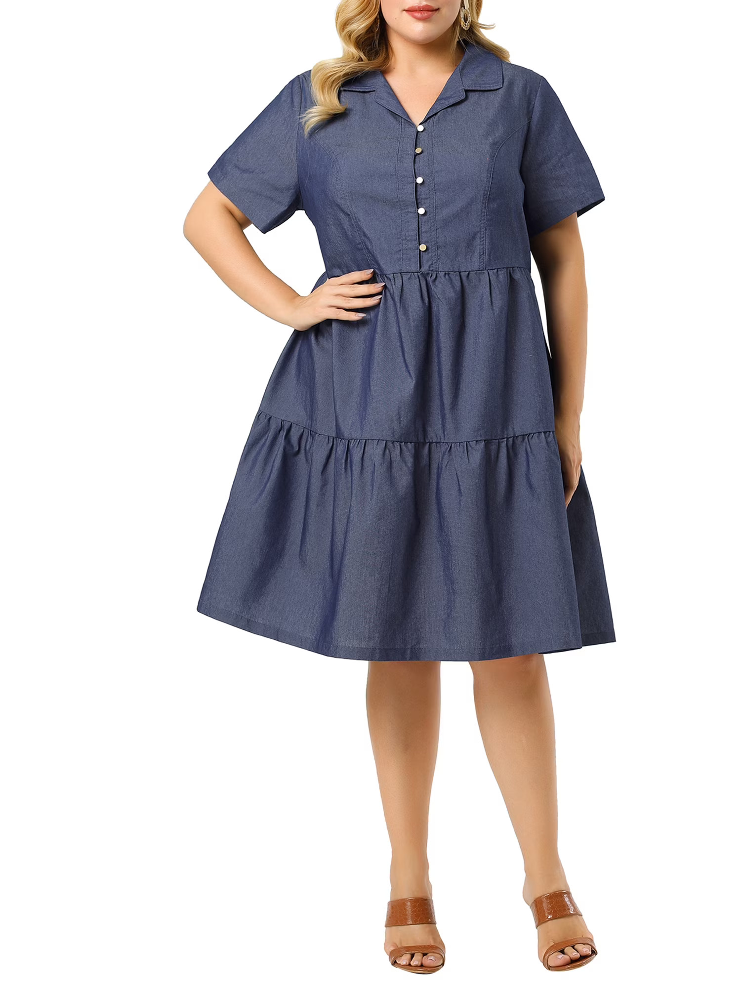 Agnes Orinda Women s Plus Size Chambray Dress Short Sleeves Button Down Flowy Tiered Shirt Dresses 4X Blue | Walmart (US)