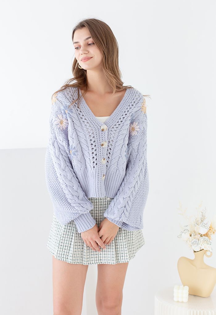 Stitched Flowers Braided Hand Knit Cardigan in Light Blue | Chicwish