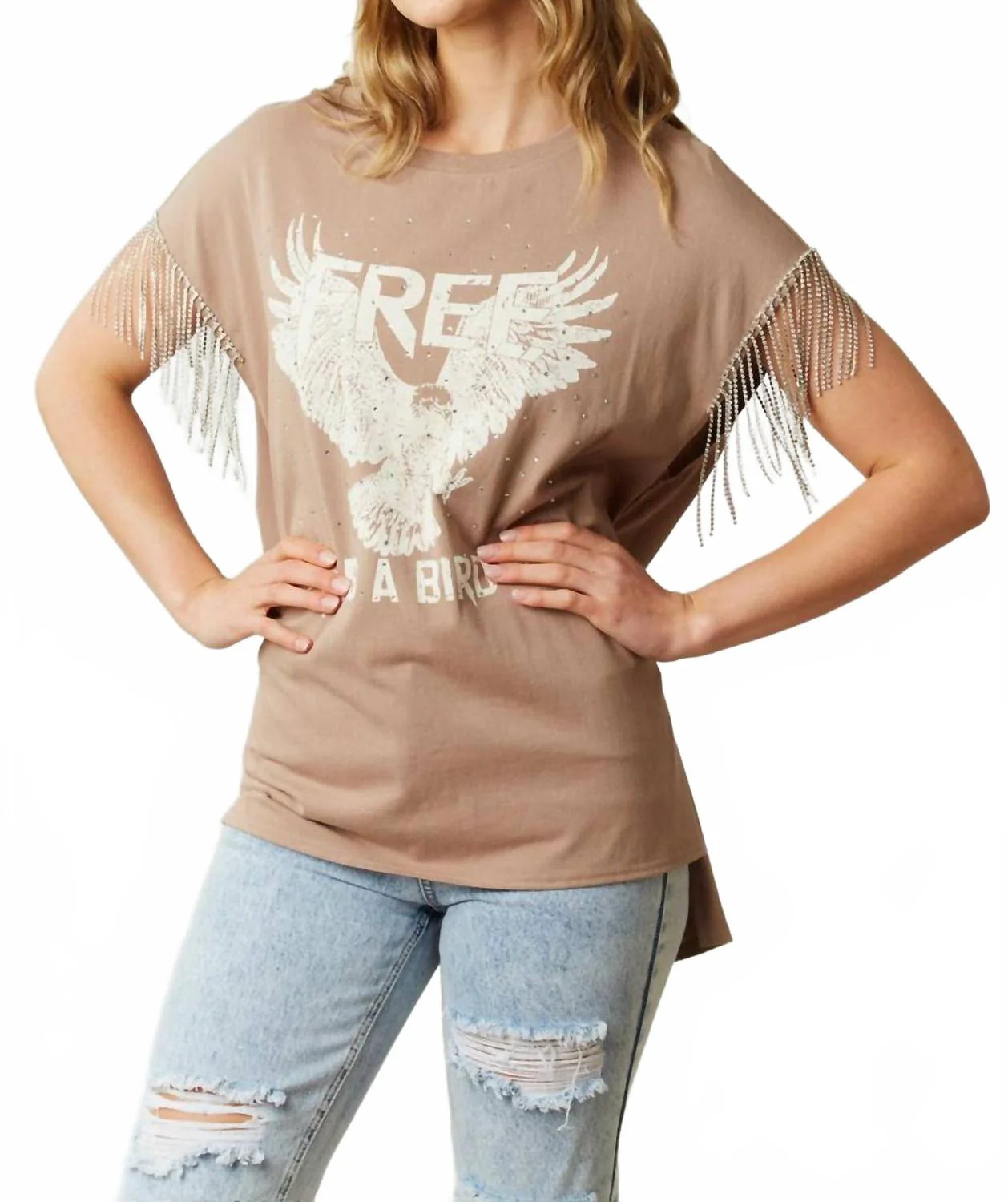 Free As A Bird Rhinestone Fringe Tee In Mocha | Shop Simon