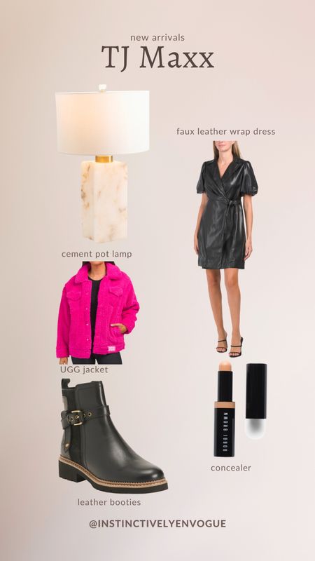 New arrivals at tj maxx- home decor lamp, faux leather wrap dress for holiday outfit, ugg trucker jacket for fall, leather booties, Bobbi brown concealer 

#LTKhome #LTKfindsunder100 #LTKHoliday