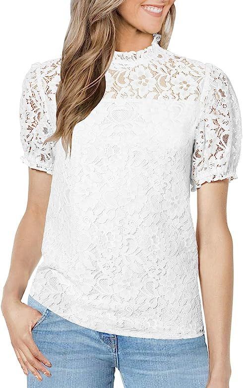 Women’s Short Sleeve Shirts Lace Casual T Shirt Tops | Amazon (US)