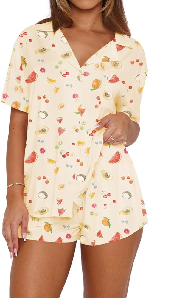 Dressmine Womens Summer Short Sleeve 2 Piece Fruit Pajama Set V Neck Cute Casual Button Up Pjs Se... | Amazon (US)