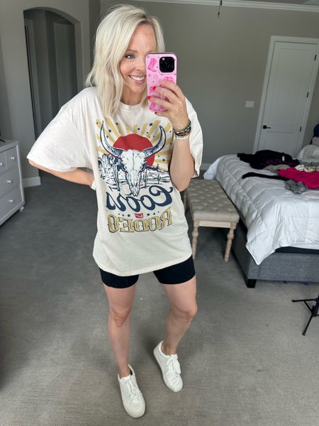 The cutest graphic tee from target wearing a size small/medium, it definitely runs oversized. My bike shorts are from Nordstrom, but I linked some from target as well. My sneakers are also target and run big.  

#LTKFindsUnder50 #LTKStyleTip