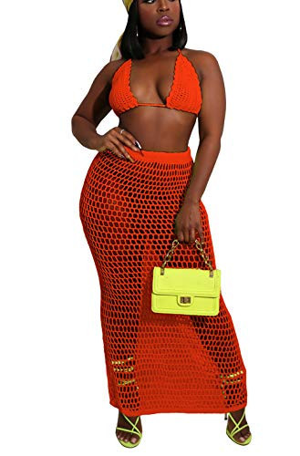 Bluewolfsea Women Sexy Mesh Fishnet Bikini Top and Maxi Skirt Set Summer 2 Piece Outfit Swimsuit Beach Cover Up Large Orange | Amazon (US)