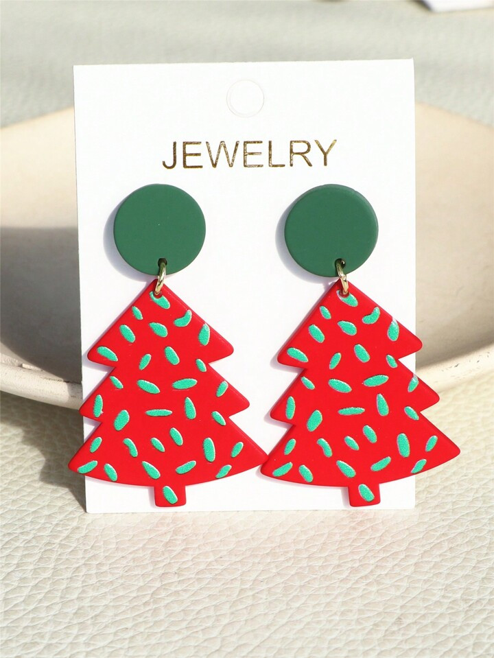 1pair Teen Girls' Red Christmas Tree Print Acrylic Feeling Earrings For Christmas | SHEIN