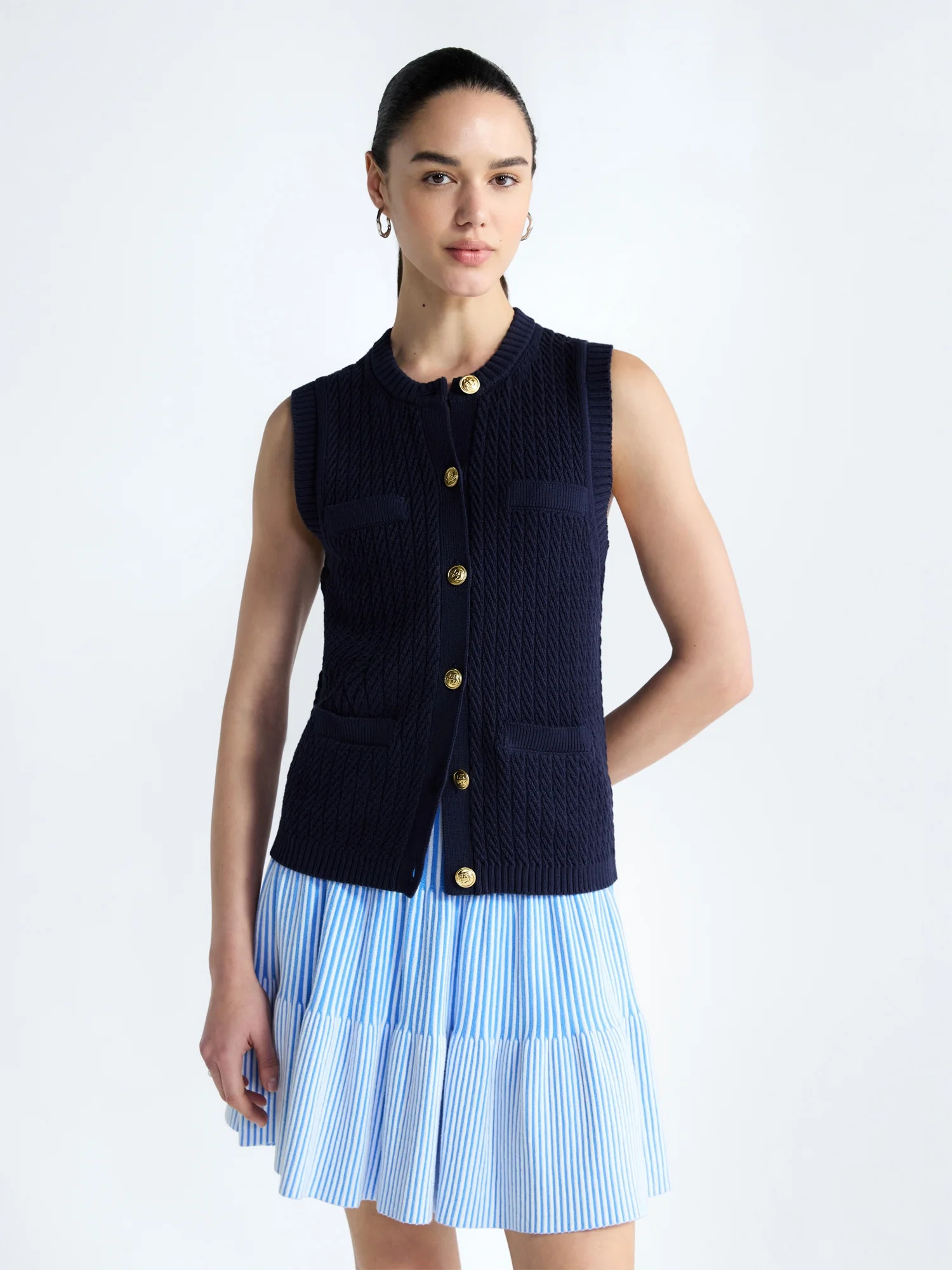 Free Assembly Women's and Women's Plus Button Front Cable Knit Sweater Vest, Lightweight, Sizes X... | Walmart (US)