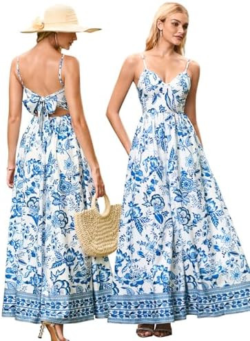 HTZMO Women Casual Summer Floral Maxi Sundress V Neck Spaghetti Strap Bow Tie Backless Flowy Boho... | Amazon (US)