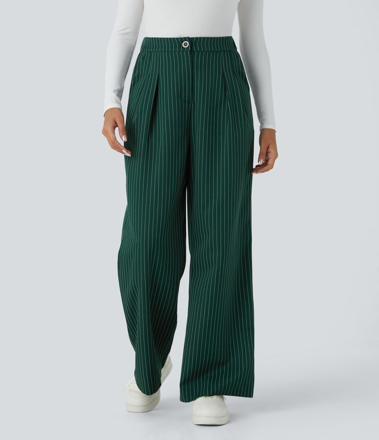 Women’s High Waisted Button Zipper Side Pocket Wide Leg Striped Work Pants - Halara | HALARA