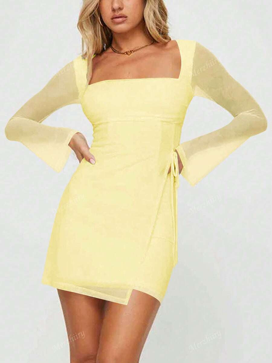 Women's Asymmetrical Mesh Flare Sleeve Design Fitted Bodycon Long Sleeve Dress, European & Americ... | SHEIN