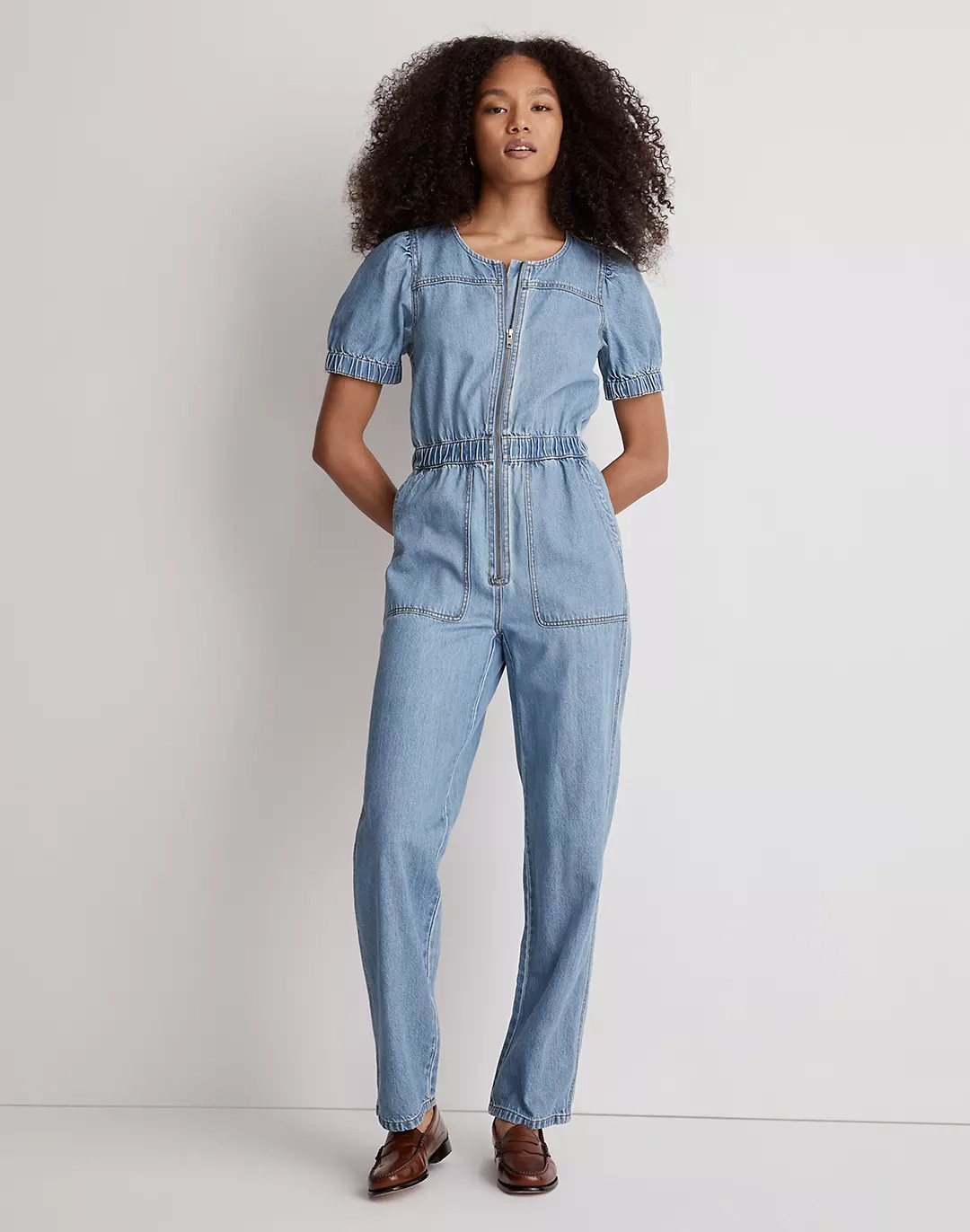 Denim Puff-Sleeve Zip-Up Coverall in Milburn Wash | Madewell