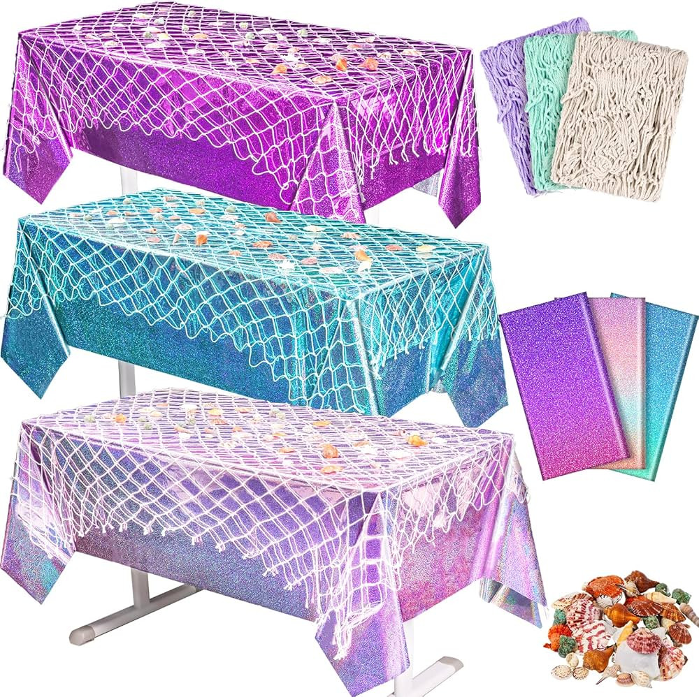 6 Pcs Fish Net Decorations and Tablecloth Set, Ocean Plastic Foil Table Cloth and Cotton Fish Net... | Amazon (US)