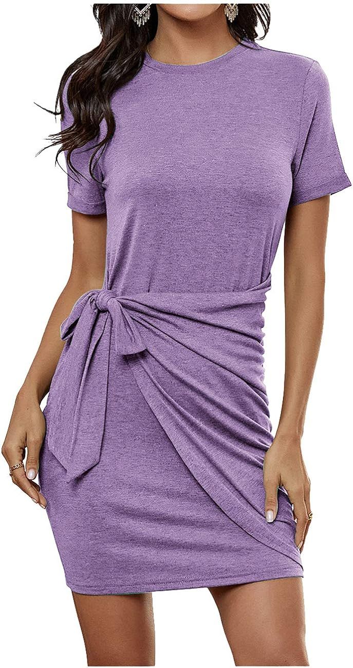 Joukavor Women's Casual Short Sleeve Bodycon T Shirt Dress Tie Waist Mini Tunic Dress | Amazon (US)