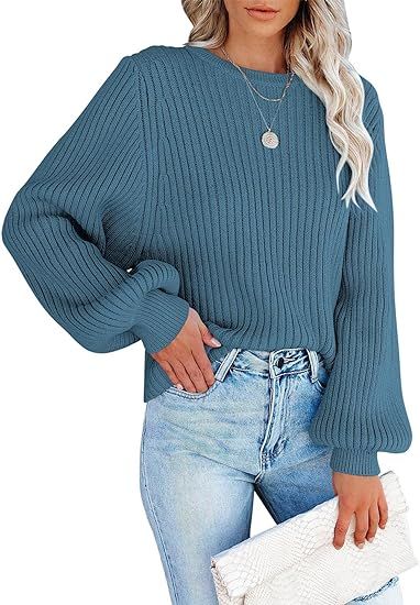 LOGENE Women's Crewneck Puff Long Sleeve Oversized Batwing Ribbed Knit Pullover Sweater | Amazon (US)