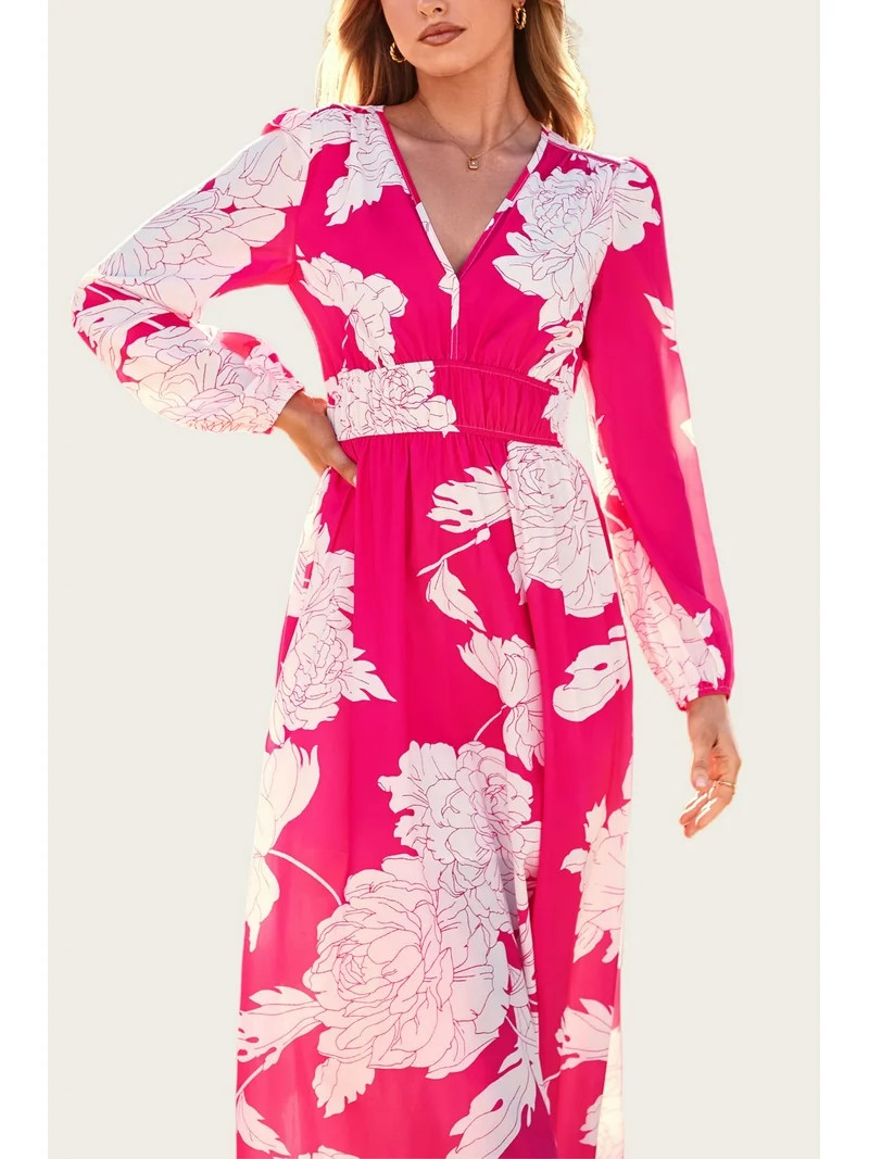 PRETTYGARDEN Women's Spring Floral Midi Dress Casual Fall V Neck Long Sleeve Flowy Beach Wedding ... | Walmart (US)