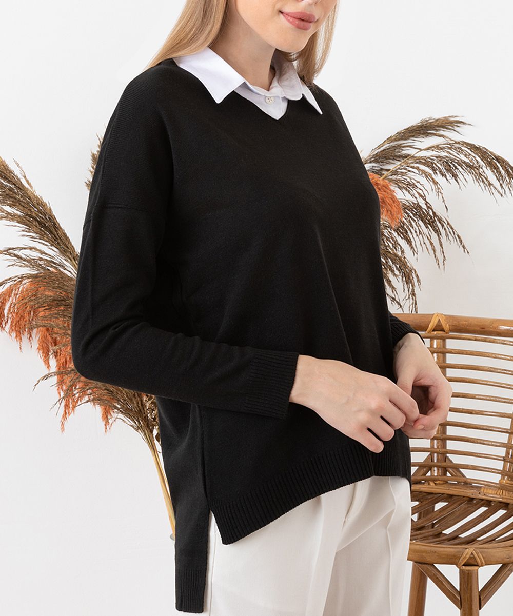 AQE Fashion Women's Pullover Sweaters Black - Black Shirt-Collar Sweater - Women | Zulily