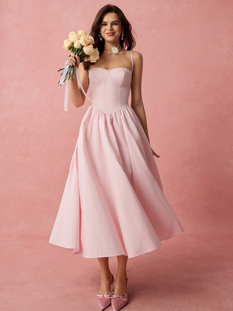 Enchnt Spring/Summer Romantic Women's Soft Pink Spaghetti Strap Pleated Long Dress,Sweet&Elegant&Sexy For Valentine's Day&Birthday&Holiday Party &Sweet Date Night&Daily Commuting | SHEIN