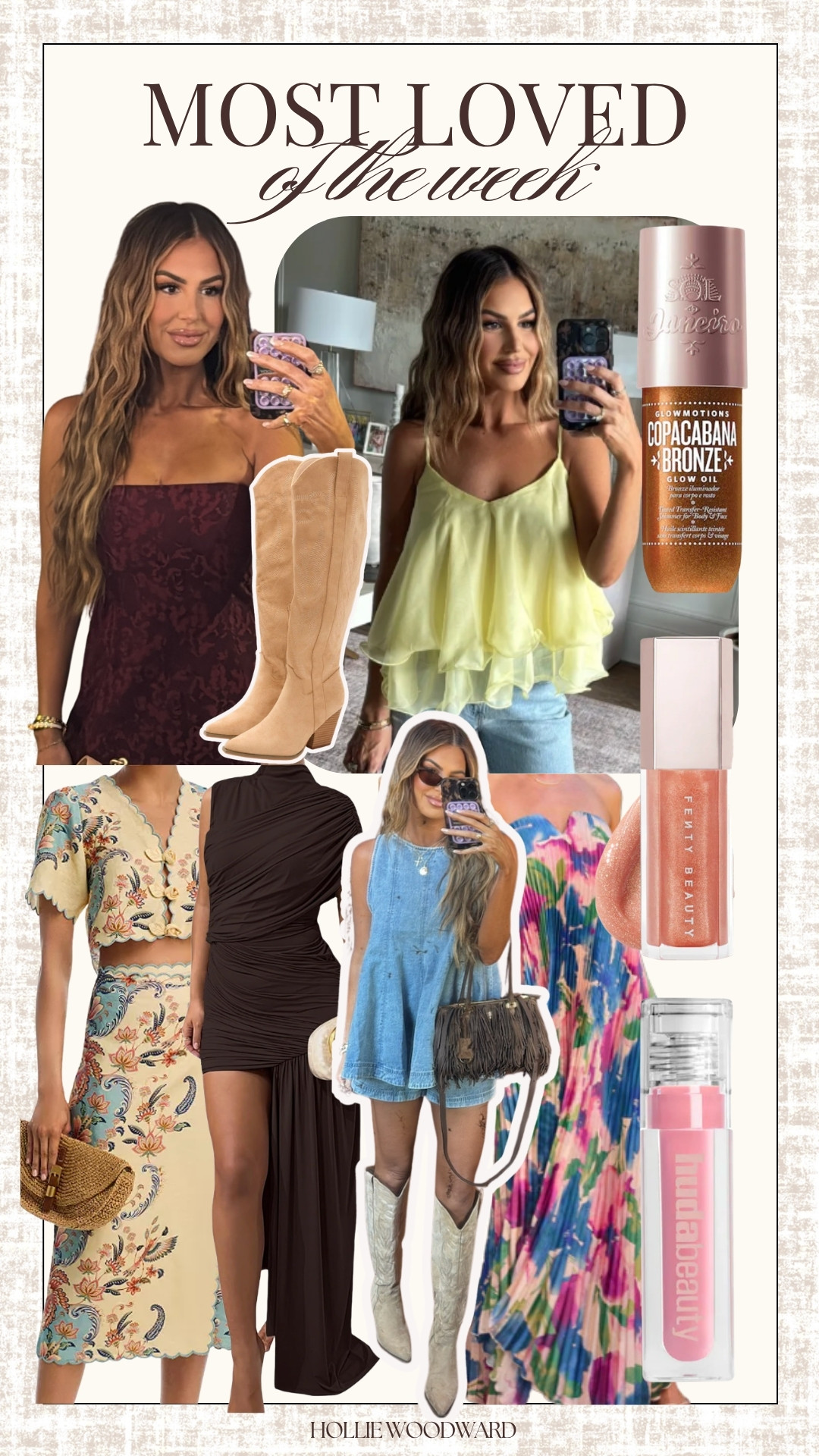 this week's best sellers 🫶🏼

beauty shades:
fenty gloss- champ stamp fantasy
huda gloss- UUU baby
body glow- copacabana Bronze

sizing: wearing a small in everything! 

 