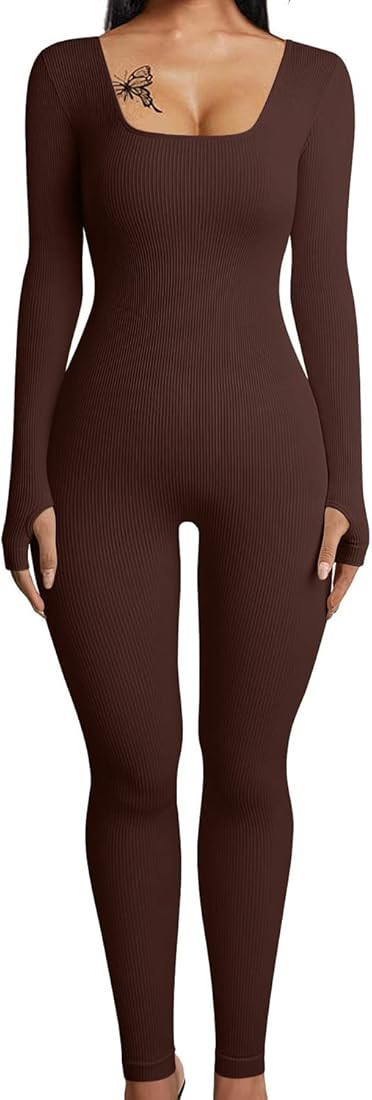 HOPYOP Sexy Long Sleeve Jumpsuit for Women, One Piece Ribbed Workout Rompers | Amazon (US)