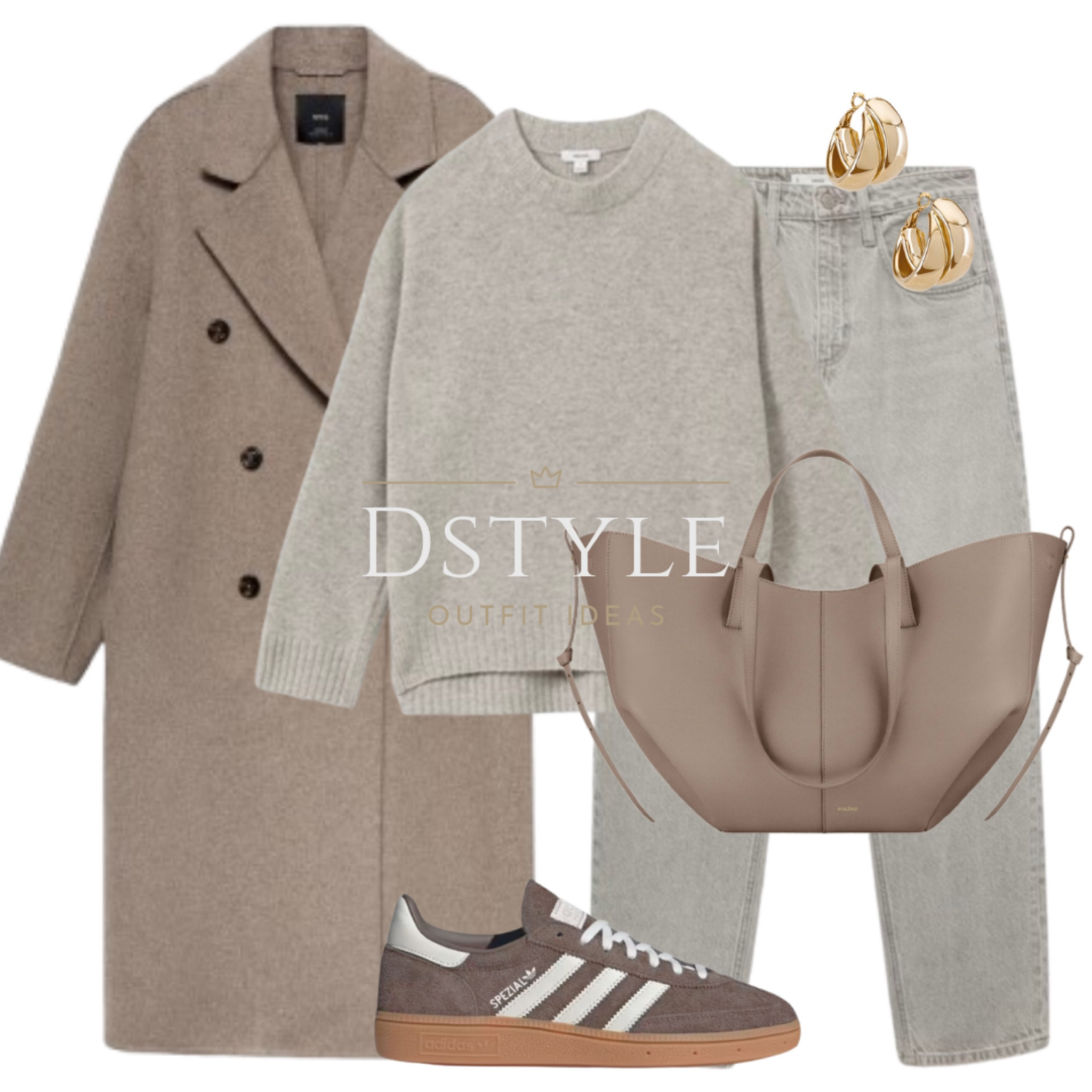 Medium brown handmade oversized wool coat, wool-cashmere blend sweater/jumper, grey balloon jeans, brown Adidas Spezial, Polene Cyme textured taupe bag