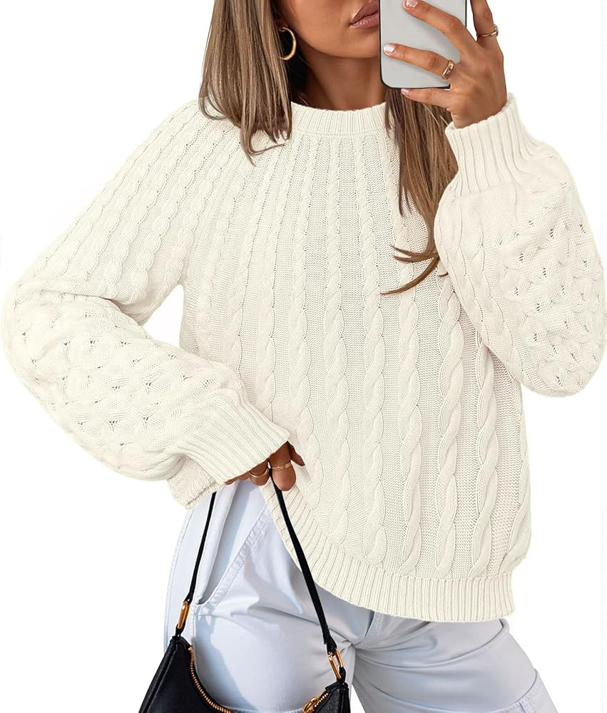 MEROKEETY Women's Fall Cable Knit Lantern Sleeve Chunky Pullover Sweater | Amazon (US)