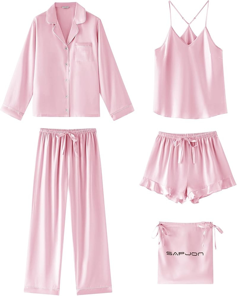 SAPJON Satin Silk Pajamas for Women Set 5PCS Classic Button Down Pajamas Top and Pants Cami and R... | Amazon (US)