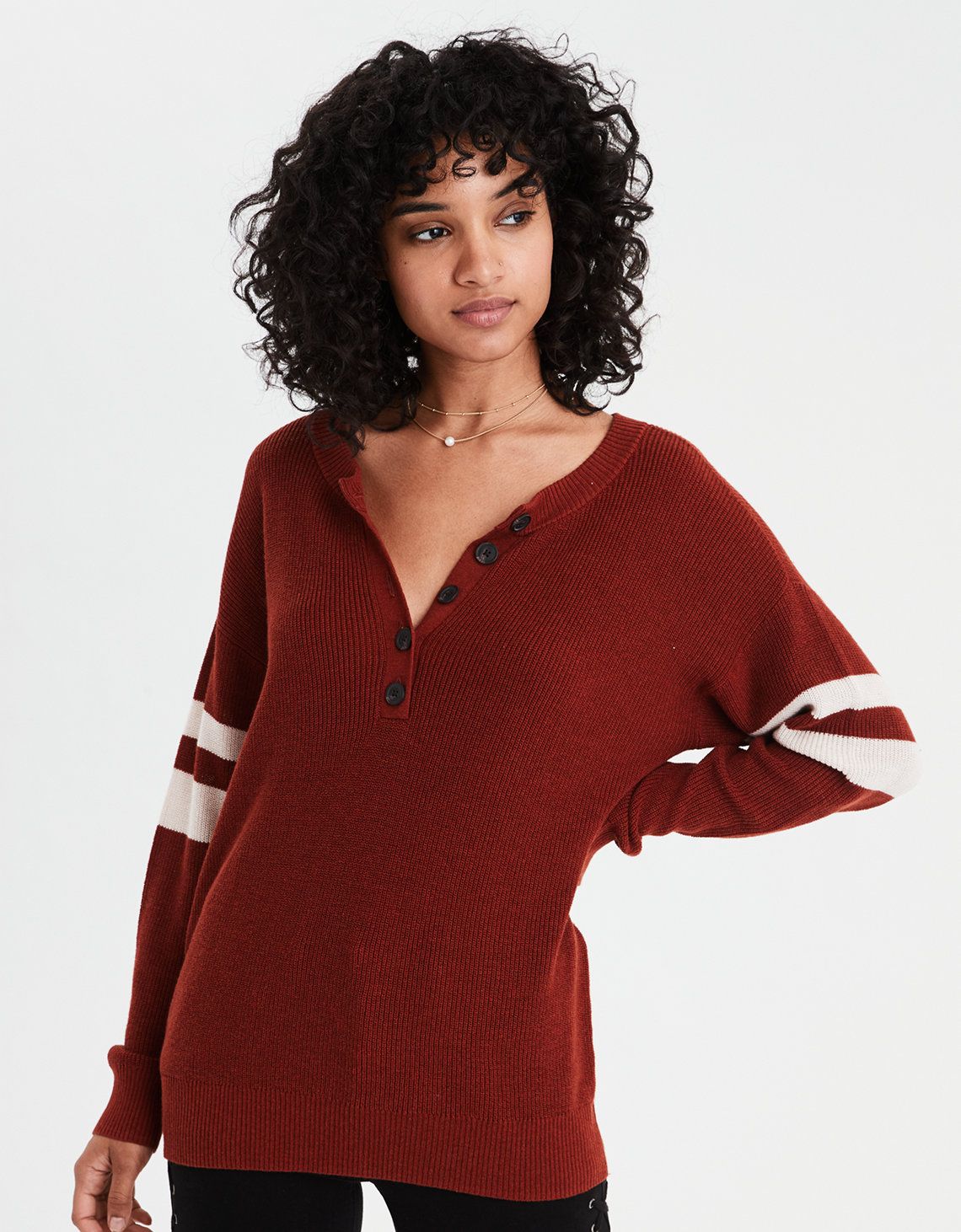 AE Varsity Stripe Henley Pullover Sweater, Rust | American Eagle Outfitters (US & CA)