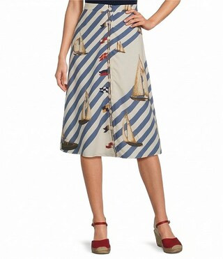 Crepe de Chine Stripe Sailboat Sailing Flag Print A-Line Button-Front Skirt | Dillard's
