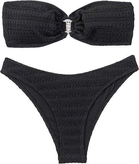 SHENHE Women's 2 Piece Strapless O Ring High Cut Bandeau Swimsuit Bathing Suit Bikini Sets | Amazon (US)