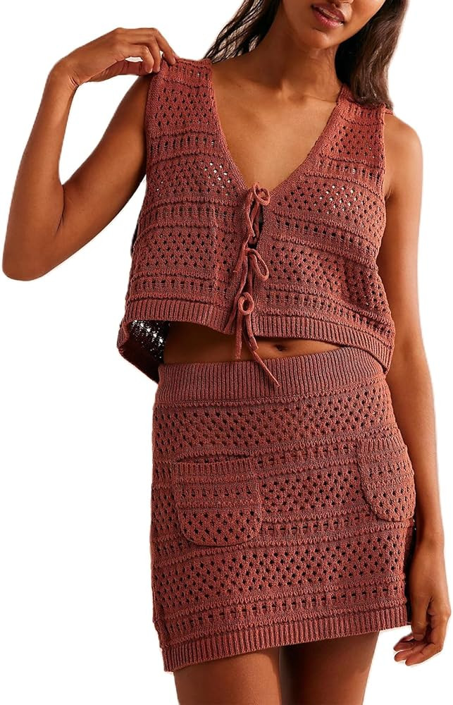 Yuemengxuan Crochet Skirt Sets Women 2 Piece Outfits Y2k Knit Tie Front Vest Top High Waist Bodyc... | Amazon (US)