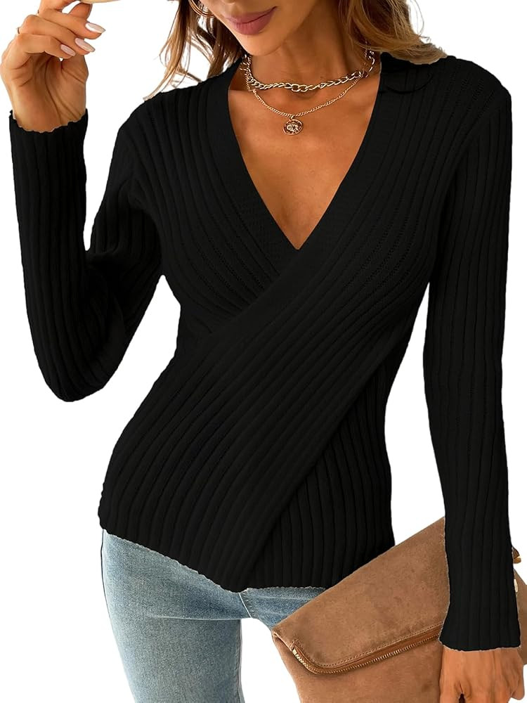 CUPSHE Womens Sweaters Sexy V Neck Long Sleeve Wrap Cable Knit Fall Fashion Tops | Amazon (US)