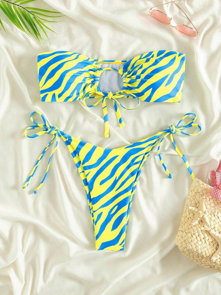 Zebra Stripe Drawstring Bandeau Bikini Swimsuit | SHEIN