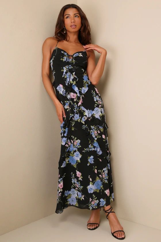 Black Floral Ruffled Lace-Up Backless Maxi Dress | Black Floral Dress | Black Summer Dress | Lulus