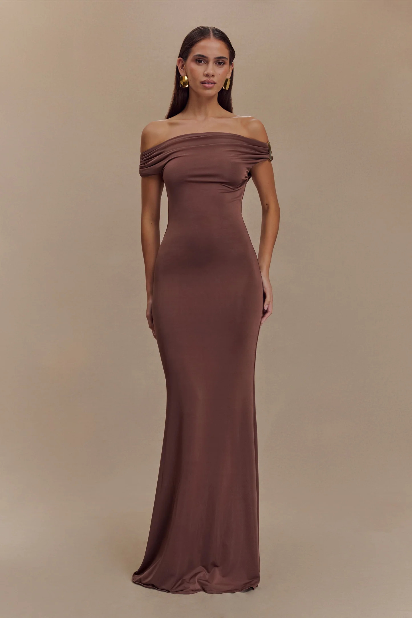 Kinsley Slinky Maxi Dress With Hardware - Chocolate | Meshki UK