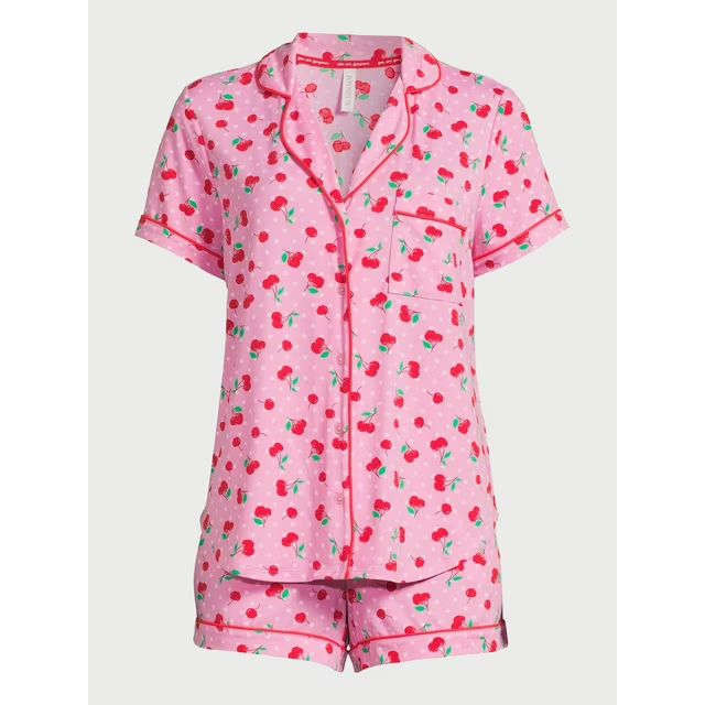 Joyspun Women’s Short Sleeve Notch Collar Top and Shorts Knit Pajama Set, 2-Piece, Sizes S to 3... | Walmart (US)