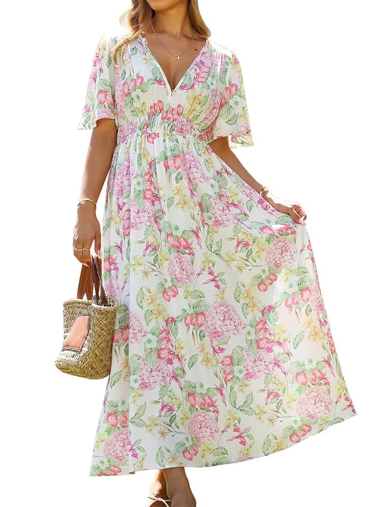 Womens V Neck Flutter Sleeve Boho Midi Dress Summer Wedding Guest Beach Party Long Dresses | Amazon (US)