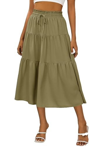 Anbech Midi Skirt for Women Elastic High Waist Pleated Summer Casual Skirts (XL, Army Green) | Amazon (US)