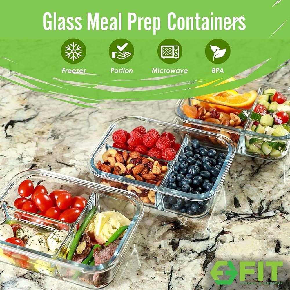 FIT Strong & Healthy 3 Compartment Glass Meal Prep Containers (3 Pack, 32 oz) - Glass Food Storag... | Amazon (US)