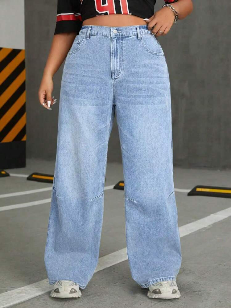 SHEIN ICON Plus Size Casual Washed Wide-Leg Jeans | SHEIN