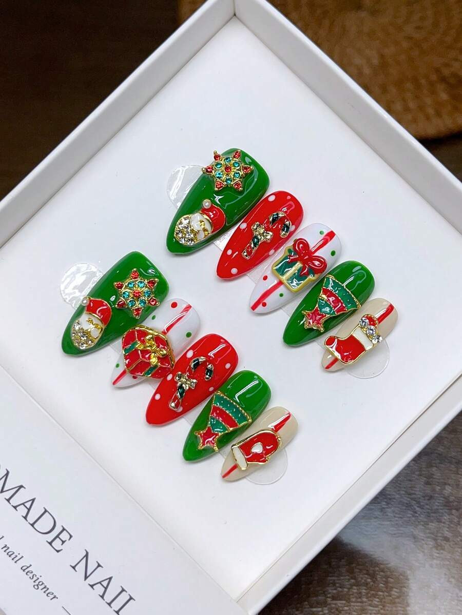 10 Pieces Of Pure Hand-Made Wearable Nails Almond Nail Shape Christmas Hand-Painted European And ... | SHEIN