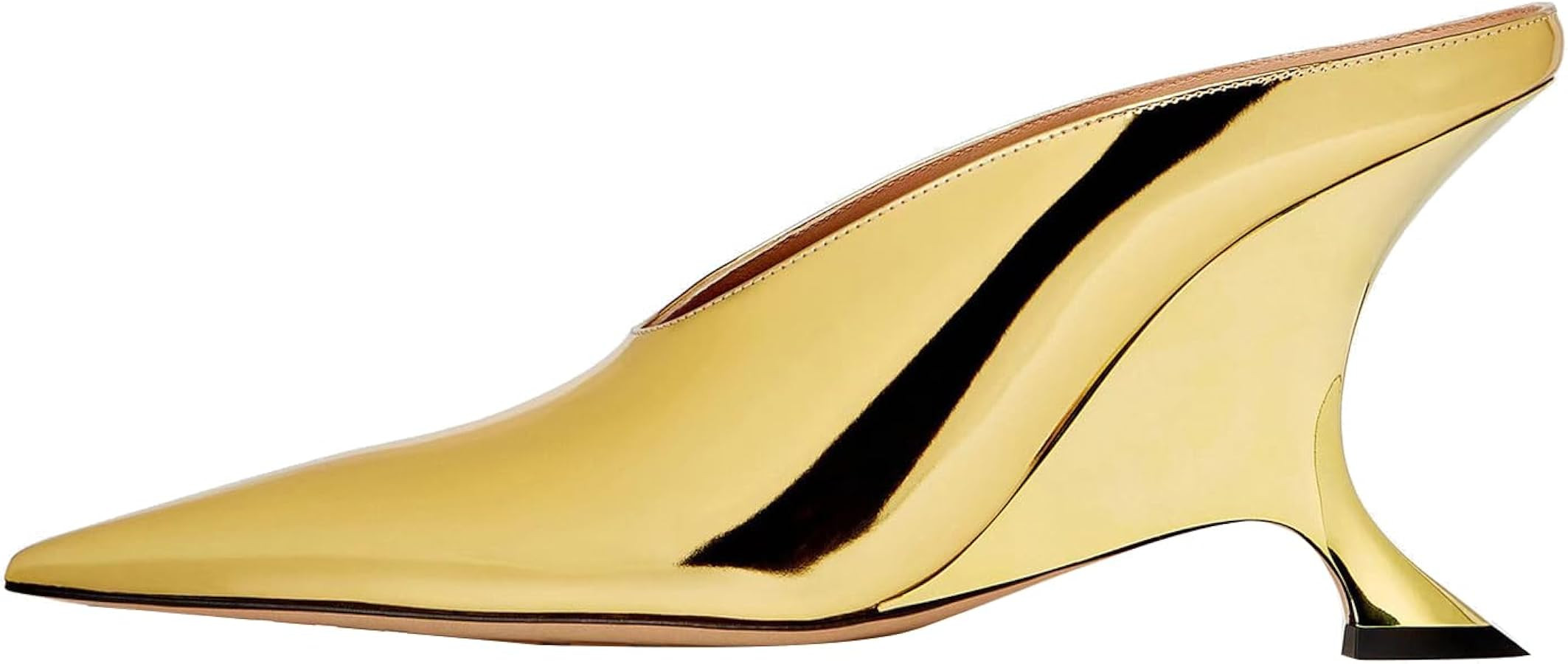 Arqa Metallic Leather Heeled Mules for Women Pointed Toe Wedge Heel Slide Sandals Slip-on Mule He... | Amazon (US)
