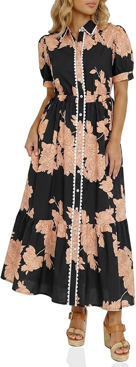Wenrine Womens Casual Shirt Dress Floral Collared Short Sleeve Button Down Drawstring Waist Loose... | Amazon (US)