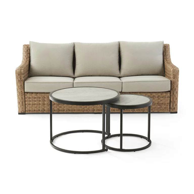 Better Homes & Gardens River Oaks Outdoor Sofa & 2 Nesting Tables with Patio Cover, Natural | Walmart (US)