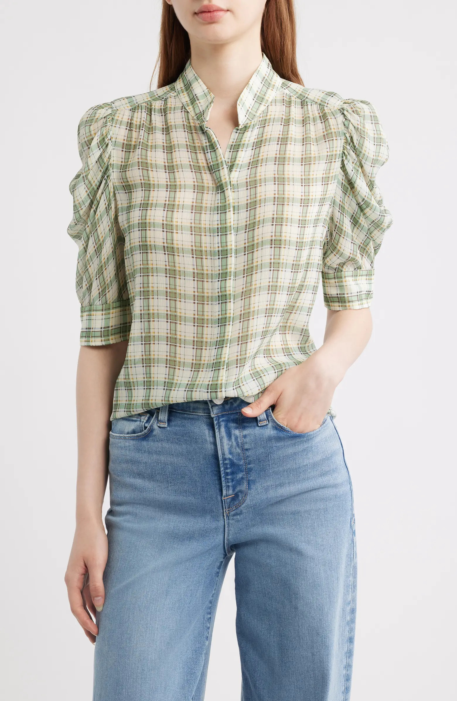 FRAME Gillian Check Print Silk Top | Nordstrom | Nordstrom