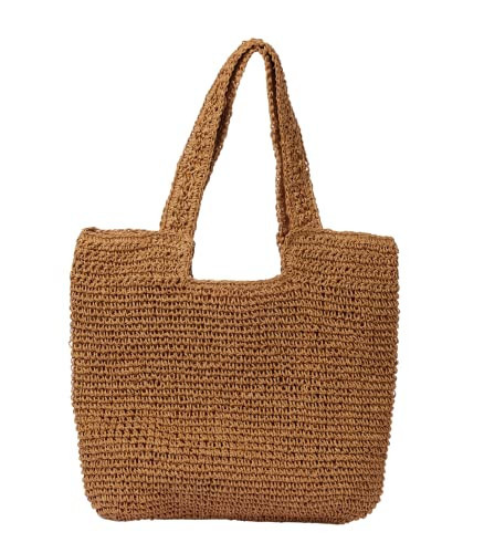 GOLDTIMO Beach Bags for Women - Summer Soft Large Woven Shoulder Purse Handbag, Beach Tote Straw Bag for Summer Vacation, Brown | Amazon (US)