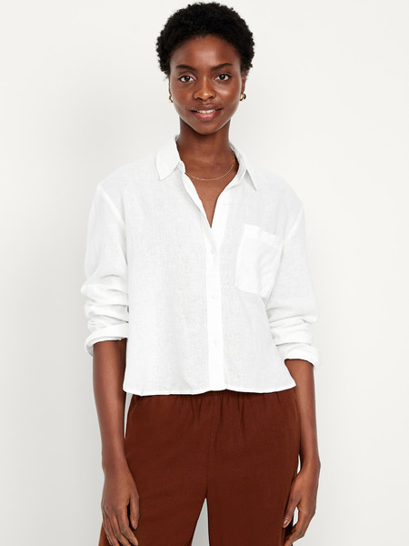 Linen-Blend Button-Down Crop Shirt | Old Navy (US)