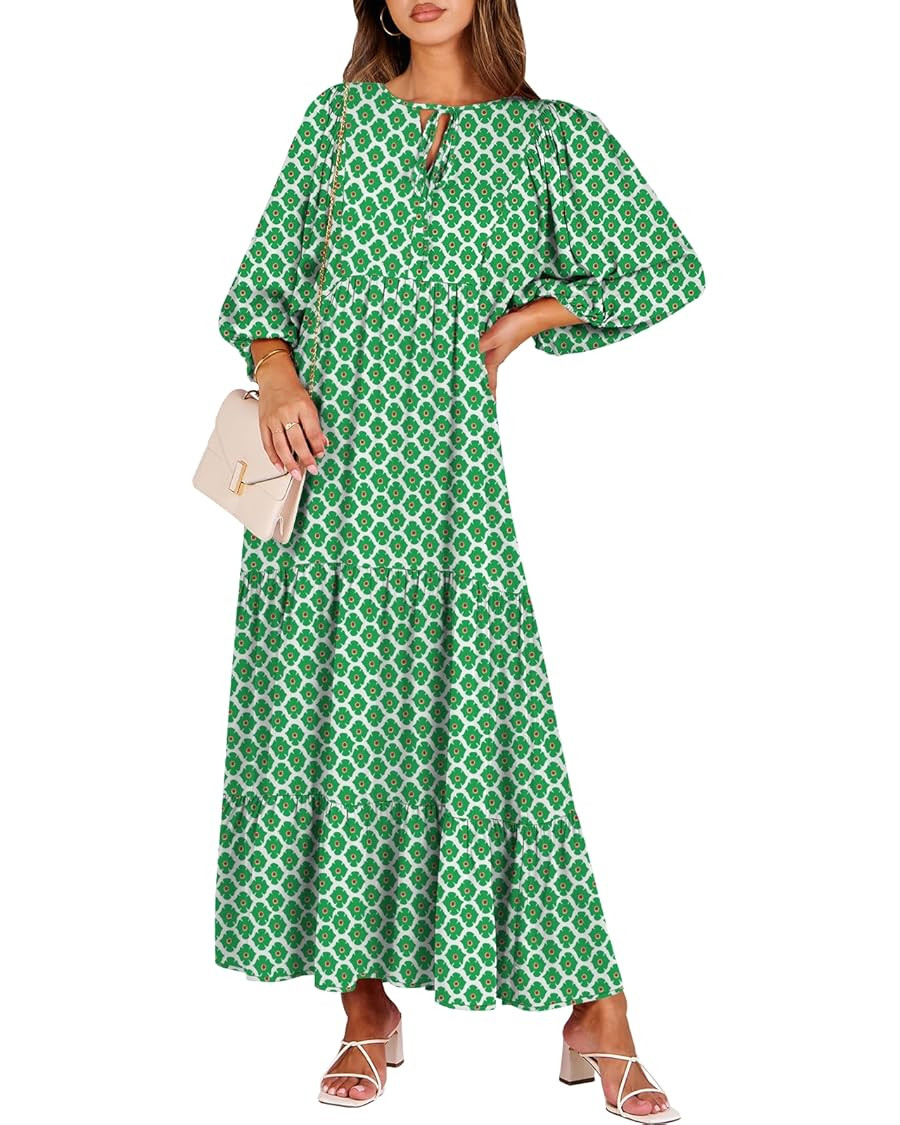 ANRABESS Womens Boho Maxi Dresses 2024 Summer V Neck Puff Sleeve Floral Flowy Swing Casual Long D... | Amazon (US)