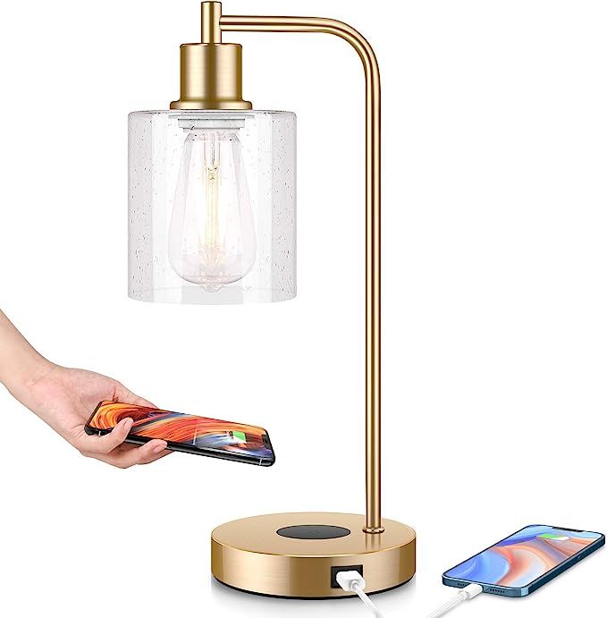 Wireless Charging Industrial Table Lamp Gold 3-Way Touch Control Dimmable Desk Lamp with USB Port... | Amazon (US)